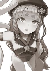  bare_shoulders beret blunt_bangs blush braid breasts detached_sleeves erune eyeliner female granblue_fantasy greyscale hat highres leotard long_hair looking_at_viewer makeup monochrome multiple_braids nosuku open_mouth pholia short_eyebrows side_braids small_breasts smile solo thighs very_long_hair wide_sleeves 