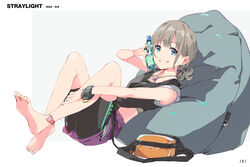  anklet bad_id bad_pixiv_id barefoot bike_shorts black_shorts blue_eyes blue_nails bottle bottle_to_cheek commentary_request cushion earrings fanny_pack feet female grey_hair grin halterneck highres holding holding_bottle idolmaster idolmaster_shiny_colors jewelry knees_up leg_grab looking_at_viewer lying nail_polish on_back ponytail purple_shorts ramune ring serizawa_asahi short_hair short_ponytail shorts shorts_under_shorts smile soles solo tag wristband yoshito 