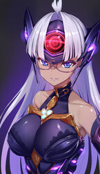  ahoge android bare_shoulders black_background black_gloves blue_eyes breasts chest_jewel cleavage collarbone cyborg dark-skinned_female dark_skin elbow_gloves female forehead_protector gem glasses gloves glowing gold_trim gradient_background green322 grey_hair grin hair_intakes headgear headpiece highres impossible_clothes large_breasts leotard light_purple_hair lips long_hair looking_at_viewer makeup parted_lips purple_background semi-rimless_eyewear simple_background skin_tight smile solo t-elos t-elos_re: teeth upper_body very_long_hair xenoblade_chronicles_(series) xenoblade_chronicles_2 xenosaga 