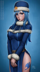  artist_name bare_hips belt blue_background blue_dress blue_eyes blue_hair blue_theme breasts capelet commentary dated deviantart_username dress english_commentary english_text fairy_tail female fur-trimmed_capelet fur-trimmed_dress fur-trimmed_headwear fur-trimmed_sleeves fur_collar fur_hat fur_trim hat highres italian_commentary juvia_lockser large_breasts leg_tattoo lips long_hair looking_at_viewer mixed-language_commentary nose nostrils own_hands_together patreon_username pelvic_curtain sciamano240 side_slit simple_background solo tattoo thighs v_arms web_address winter_clothes 