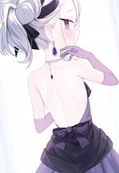  back bare_back blue_archive blush commentary dangle_earrings dress earrings elbow_gloves female from_behind gloves grey_hair highres hina_(blue_archive) hina_(dress)_(blue_archive) jewelry kashuu_(pixiv_66328082) long_hair looking_at_viewer looking_back necklace official_alternate_costume official_alternate_hairstyle profile purple_dress purple_eyes purple_gloves simple_background sleeveless sleeveless_dress solo white_background 