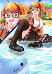  absurdres ahoge beach black_footwear black_skirt black_thighhighs blurry blurry_background breasts collar collared_shirt commentary english_commentary female glasses hair_ornament hanami_mai highres indie_virtual_youtuber long_hair mako_fukasame necktie open_mouth orange_collar orange_hair orange_necktie red_eyes red_hair second-party_source semi-rimless_eyewear shark shark_hair_ornament sharp_teeth shirt shoes side_ponytail skirt solo teeth teeth_print thighhighs unzipped virtual_youtuber water white_shirt 