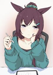  absurdres alternate_costume alternate_hairstyle animal_ears brown_hair collarbone female green_sweater hair_bun hair_ornament hairclip highres holding holding_stylus horse_ears horse_girl long_hair looking_to_the_side mejiro_dober_(umamusume) purple_eyes shijimi_(sijimi1917) sitting solo stylus sweater tablet_pc umamusume upper_body 