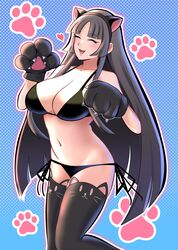  absurdres animal_ear_legwear animal_ears animal_hands animal_print bikini black_bikini black_hair black_thighhighs blunt_bangs blush breasts cat_ear_legwear cat_ears cat_print cleavage closed_eyes fake_animal_ears female gloves heart highres hime_cut kaguya_jingu large_breasts long_hair navel open_mouth paw_gloves polka_dot polka_dot_background red_seiryu solo spoken_heart swimsuit thighhighs under_night_in-birth under_night_in-birth_2_sys:celes very_long_hair 