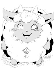  2024 2_horns 3:4 ambiguous_gender biped black_and_white bovid caprine chest_gem eyebrows feral fur gem glistening glistening_eyes horn lamball mammal monochrome open_mouth open_smile pal_(species) palworld pocketpair simple_background smile solo standing winick-lim wool_(fur) 