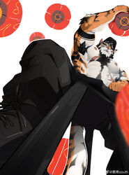  1boy abs absurdres animal_ears armpit_hair bara baseball_cap beard bulge excessive_armpit_hair facial_hair feet_out_of_frame from_below full_beard furry furry_male gou_minami_south hairy hat highres large_pectorals looking_at_viewer looking_down male_focus muscular muscular_male navel navel_hair nipples orange_fur original outstretched_arm pants pectorals perspective scar scar_across_eye short_hair solo stomach tail thick_arm_hair thick_chest_hair thick_eyebrows thick_leg_hair tiger_boy tiger_ears tiger_tail topless_male 