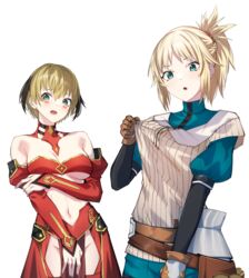  2girls absurdres armor bandeau bare_shoulders belt black_hair blonde_hair blush blush_stickers braid breasts brown_belt brown_gloves cleavage clothes_tug commentary commission cosplay costume_switch cowboy_shot detached_collar detached_sleeves english_commentary fate/grand_order fate_(series) faulds french_braid gareth_(fate) gareth_(fate)_(cosplay) gloves gold_trim green_eyes green_shirt green_shorts grey_shirt groin hair_between_eyes hair_flaps hair_ornament hair_scrunchie hand_on_own_arm highres loincloth long_sleeves looking_at_viewer medium_breasts mordred_(fate) mordred_(fate/apocrypha) mordred_(fate/apocrypha)_(cosplay) multicolored_hair multiple_girls navel okamired open_mouth pelvic_curtain puffy_short_sleeves puffy_sleeves red_bandeau red_scrunchie red_skirt red_sleeves ribbed_shirt scrunchie second-party_source shirt short_hair short_sleeves shorts siblings sidelocks simple_background sisters skirt streaked_hair transparent_background turtleneck turtleneck_shirt underboob 