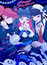  3girls :o artist_name babibu_baby black_dress black_gloves black_hair black_jacket black_nails blue_eyes blue_hair blue_sash blunt_bangs cake celestia_ludenberg center_frills claw_ring collared_shirt colored_inner_hair commentary crossover cup danganronpa:_trigger_happy_havoc danganronpa_(series) dated dress drill_hair drop_earrings earrings elbow_gloves english_commentary expressionless feeding finger_to_own_chin food food_on_face frills ghost gloves gothic_lolita hand_up hands_up happy_halloween hat highres holding holding_cake holding_cup holding_food holding_teapot icing jacket jewelry lolita_fashion long_hair looking_at_viewer marie_&amp;_gali marika_(marie_&amp;_gali) mini_hat mini_top_hat mole mole_under_eye multicolored_hair multiple_crossover multiple_girls necktie panty_&amp;_stocking_with_garterbelt pantyhose paper_doll_chain pink_hair pouring purple_eyes red_eyes red_necktie sash shirt smile stocking_(psg) striped_clothes striped_pantyhose teapot top_hat twin_drills twintails uneven_eyes v-bangs 