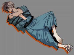  1boy arms_behind_back barefoot blue_kimono bound bound_torso chains drop_shadow feet full_body gegege_no_kitarou grey_background grey_hair hair_over_one_eye highres japanese_clothes kimono kitarou_tanjou:_gegege_no_nazo kyouko_(roughplus) long_sleeves looking_at_viewer lying male_focus medama_oyaji medama_oyaji_(human) off_shoulder ofuda on_back one_eye_covered restrained sash short_hair simple_background soles solo toenails toes 