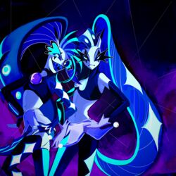  2girls 4442356893 absurdres aqua_eyes aqua_hair asymmetrical_bangs asymmetrical_legwear black_choker blue_hair blue_sclera breasts choker closed_mouth clown colored_sclera crop_top dark_background demon demon_girl demon_horns detached_sleeves diamond_(shape) elbow_gloves facial_mark glam_(helluva_boss) glitz_(helluva_boss) gloves hands_on_own_hips helluva_boss highres horns long_hair looking_at_viewer mismatched_legwear multicolored_clothes multicolored_hair multicolored_legwear multiple_girls open_mouth pale_skin pants ponytail sharp_teeth siblings sisters skirt small_breasts stomach teeth tight_clothes tight_pants twins very_long_hair white_gloves white_skirt 