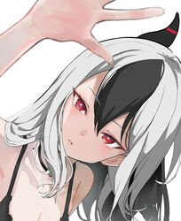  black_camisole black_hair black_horns blue_archive bra breasts camisole cleavage demon_horns expressionless female grey_eyes hair_between_eyes head_tilt highres horns kayoko_(blue_archive) long_hair looking_at_viewer open_mouth peropicnic ponytail simple_background small_breasts solo underwear white_background white_hair 