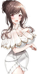  arm_under_breasts blush breasts brown_hair capelet cleavage commentary dress female fingernails gawawawa hair_bun highres idolmaster idolmaster_shiny_colors large_breasts looking_at_viewer nail_polish red_eyes see-through see-through_capelet see-through_cleavage sidelocks simple_background single_hair_bun smile solo strapless strapless_dress tsukioka_kogane white_background white_dress 