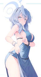  absurdres ako_(blue_archive) ako_(dress)_(blue_archive) arm_under_breasts armpits backless_dress backless_outfit bare_shoulders blue_archive blue_dress blue_eyes blue_hair blue_halo blush bracelet breasts cleavage clothes_lift cuffs daidai_(daidai826) dress dress_lift female from_below from_side hair_ornament halo highres jewelry large_breasts lifting_own_clothes looking_at_viewer multiple_bracelets no_panties official_alternate_costume plunging_neckline purple_nails shackles side_slit sideboob sideless_dress simple_background single_handcuff sleeveless sleeveless_dress smile solo standing twitter_username white_background 