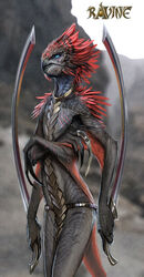  2011 4_arms arm_scar armor beak belt black_body blade blue_eyes body_stripes chest_scar claws collar crossed_arms dragon english_text feathers female flat_chested hi_res holding_object holding_weapon long_claws long_nails matriarch_khedira melee_weapon membrane_(anatomy) mouth_scar multi_arm multi_limb mythological_creature mythological_scalie mythology nebezial official_art ravine_(nebezial) red_body red_feathers red_membrane scalie scar shiva_(ravine) striped_body stripes sword tail tail_membrane text unconvincing_armor weapon 