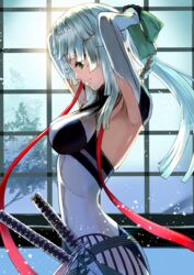  armpit_cutout armpits arms_up black_bodysuit bodysuit braided_hair_rings breasts clothing_cutout earrings fate/grand_order fate/samurai_remnant fate_(series) female green_eyes hair_ribbon inugami86 jewelry katana long_hair medium_breasts ponytail ribbon sidelocks solo sword two-tone_bodysuit weapon white_bodysuit white_hair yui_shousetsu_(fate) yui_shousetsu_(first_ascension)_(fate) 