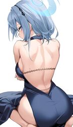  absurdres ako_(blue_archive) ako_(dress)_(blue_archive) ass back backless_dress backless_outfit bare_shoulders black_hairband blue_archive blue_dress blue_eyes blue_hair blue_halo blush breasts dress female from_behind hairband halo highres kithera large_breasts long_hair looking_at_viewer looking_back official_alternate_costume simple_background sleeveless sleeveless_dress solo white_background 