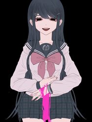  :d absurdres black_background black_eyes black_sailor_collar black_skirt blood bow bowtie danganronpa:_trigger_happy_havoc danganronpa_(series) female hair_ornament hairclip highres long_sleeves maizono_sayaka mi_loveyouuu miniskirt pink_blood pink_bow pink_bowtie plaid plaid_skirt sailor_collar school_uniform shirt simple_background skirt smile solo teeth upper_teeth_only white_shirt 