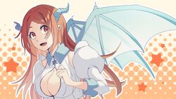  :d animal_ears bleach bleach:_sennen_kessen-hen breasts brown_eyes chinese_zodiac cleavage cleavage_cutout clenched_hand clothing_cutout commentary detached_sleeves dragon_girl dragon_horns dragon_wings female hand_up highres horns inoue_orihime juliet_sleeves kemonomimi_mode large_breasts long_hair long_sleeves looking_at_viewer open_mouth orange_background orange_hair parted_bangs pointy_ears polka_dot polka_dot_background puffy_sleeves sidelighting simple_background smile solo star_(symbol) straight_hair sumire_1046 tareme upper_body very_long_hair wings year_of_the_dragon 