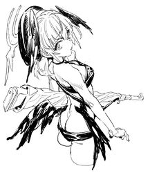  bad_id bad_twitter_id bikini blue_archive bolt_action breasts cropped_legs feathered_wings female from_behind greyscale gun hair_wings halo hat holding holding_weapon koharu_(blue_archive) koharu_(swimsuit)_(blue_archive) low_wings monochrome nobita_(makoto7060355) official_alternate_costume p14_enfield rifle small_breasts solo swimsuit weapon wings 