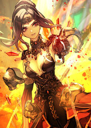  absurdres breasts brown_hair detached_sleeves dutch_angle female forehead_protector guild_wars_(series) guild_wars_2 hide_(hideout) highres large_breasts medium_hair pact_commander_(guild_wars_2) pointing red_eyes solo 