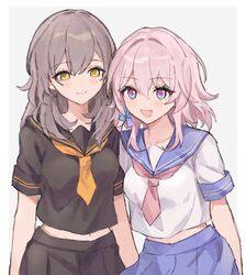  2girls :d alternate_costume anaketsu black_sailor_collar black_shirt black_skirt blue_hair blue_skirt blush commentary grey_hair highres honkai:_star_rail honkai_(series) long_hair looking_at_viewer march_7th_(honkai:_star_rail) midriff_peek multiple_girls necktie open_mouth pink_hair purple_eyes sailor_collar school_uniform serafuku shirt skirt smile stelle_(honkai:_star_rail) symbol-only_commentary trailblazer_(honkai:_star_rail) two-tone_eyes upper_body white_shirt yellow_eyes yellow_necktie 