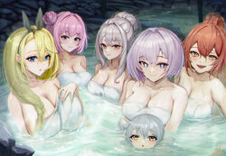  6+girls :d :o absurdres bare_shoulders bathing black_ribbon blonde_hair blue_eyes blush braid breasts cleavage closed_mouth collarbone commentary covering_privates dorothy_(nikke) flower-shaped_hair goddess_(nikke) goddess_of_victory:_nikke grey_hair hair_between_eyes hair_bun hair_intakes hair_over_shoulder hair_ribbon highres large_breasts liliweiss_(nikke) long_hair looking_at_viewer looking_up multiple_girls naked_towel no_horns nude_cover onsen open_mouth partially_submerged pink_hair purple_eyes rapunzel_(nikke) red_hair red_hood_(nikke) ribbon rock same-sex_bathing scarlet_(black_shadow)_(nikke) scarlet_(nikke) seoly_ouo shared_bathing short_hair sidelocks single_side_bun smile snow_white_(innocent_days)_(nikke) snow_white_(nikke) star-shaped_pupils star_(symbol) steam symbol-shaped_pupils teeth towel upper_teeth_only very_long_hair water wet white_hair white_towel yellow_eyes 