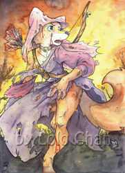  anthro arrows barefoot blood bodily_fluids bow_(weapon) breasts canid canine clothing digit_ring disney feet female fire fox hi_res jewelry maid_marian mammal open_mouth ranged_weapon ring robin_hood_(disney) running shinobiiri solo thick_thighs toes torn_clothing weapon wedding_ring wounded 