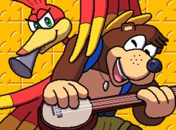  2d_animation 4_fingers aliasing ambiguous_gender animated anthro avian backpack banjo-kazooie banjo_(banjo-kazooie) banjo_(instrument) beak bear belt black_belt black_nose blue_backpack blue_eyes bottomwear brown_body brown_fur clothing digital_media_(artwork) feathers fingers flipnote_studio_(artwork) frame_by_frame fur green_eyes jewelry jiggy jigsaw_puzzle kazoo kazooie knight-of-syrinx mammal motion_tweening musical_instrument necklace playing_music plucked_string_instrument rareware red_body red_feathers shark_tooth_necklace short_playtime shorts smile string_instrument tan_body tan_skin teeth ursine wind_instrument yellow_beak yellow_body yellow_bottomwear yellow_clothing yellow_feathers yellow_shorts 