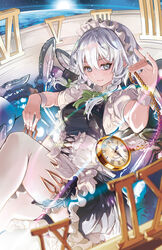  bow braid chains commentary_request female frilled_skirt frills green_bow grey_eyes grey_hair highres holster izayoi_sakuya knife l.f. maid maid_headdress pocket_watch short_hair skirt solo thigh_holster thighhighs touhou twin_braids watch weapon_in_garters white_thighhighs 