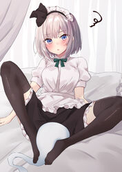  alternate_costume apron between_legs black_hairband black_ribbon black_skirt black_thighhighs blue_eyes blush bob_cut commentary_request enmaided eyelashes feet female footjob frilled_apron frilled_skirt frills frown full_body green_ribbons grey_hair hair_ribbon hairband highres indoors knees_apart_feet_together konpaku_youmu konpaku_youmu_(ghost) looking_at_viewer lying maid maid_headdress neck_ribbon no_shoes on_back open_mouth puffy_short_sleeves puffy_sleeves purin_jiisan ribbon shirt short_hair short_sleeves simulated_footjob skirt solo spread_legs squiggle thighhighs touhou tsurime two-footed_footjob waist_apron white_apron white_shirt zettai_ryouiki 