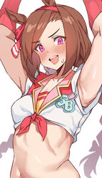  absurdres animal_ears armpits arms_up blush braid breasts brown_hair commentary female hairband highres horse_ears horse_girl looking_at_viewer official_alternate_costume official_alternate_hairstyle open_mouth pink_eyes pirukusu red_hairband sakura_bakushin_o_(red-hot_leader)_(umamusume) sakura_bakushin_o_(umamusume) simple_background small_breasts solo teeth twin_braids umamusume upper_body upper_teeth_only white_background 