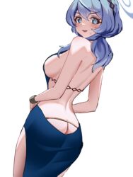  ako_(blue_archive) ako_(dress)_(blue_archive) ass backless_dress backless_outfit blue_archive blue_dress blue_eyes blue_hair blue_halo blush breasts butt_crack cowboy_shot dress female geomissword hair_between_eyes halo highres large_breasts long_hair looking_at_viewer official_alternate_costume open_mouth short_hair sideboob simple_background sleeveless sleeveless_dress solo white_background 