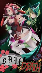  2girls akatsuki_kirika akatsuki_kirika_(cosplay) aqua_eyes armpits bare_shoulders breasts budgiepon c.c. cleavage cleavage_cutout clothing_cutout code_geass commentary_request cosplay elbow_gloves english_text feet_out_of_frame floating_hair flower from_side frown gloves green_hair green_headwear hands_up highres kouzuki_kallen large_breasts long_hair looking_at_viewer multiple_girls parted_lips profile red_flower red_gloves red_hair red_rose rose senki_zesshou_symphogear short_hair simple_background skin_tight smile thighhighs v-shaped_eyebrows very_long_hair white_thighhighs yellow_eyes yukine_chris yukine_chris_(cosplay) 