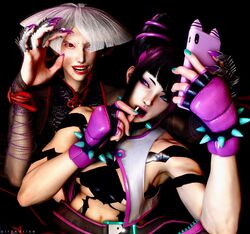  2females 2girls 2women 3d 3d_(artwork) 3d_model a.k.i. capcom duo duo_female duo_focus female/female friendly green_eyes heterochromatic_eyes juri_han light-skinned_female light_skin oirandrive purple_eye red_eyes selfie street_fighter street_fighter_6 