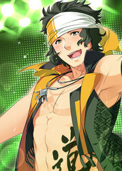  1boy armpits bad_id bad_pixiv_id blush enjoji_michiru green_eyes green_hair headband idolmaster idolmaster_side-m jewelry kanji looking_at_viewer male_focus mikapoe muscular necklace open_clothes open_vest photoshop_(medium) smile solo sparkle sweat tan topless_male vest wavy_hair 