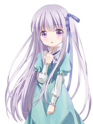  blue_dress commentary_request dress female gotou_jun hand_on_own_chest highres long_hair one_side_up open_mouth purple_eyes purple_hair ribbon solo tenshi_no_3p! tk_(tk47773) very_long_hair 