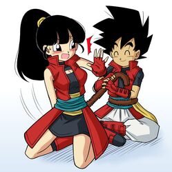  artist_name beat_(dragon_ball) black_hair blush boots breasts dated dragon_ball dragon_ball_heroes female female gloves karoine long_hair looking_at_viewer looking_back moaning note_(dragon_ball) open_mouth ponytail simple_background sitting smile tail 