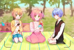  3boys :3 aged_down ahoge blue_hair blush commentary_request crossdressing doll full_body green_eyes hair_ornament hairclip hanabusa_kokoro hizaki_sui i-chu kagurazaka_runa lolicon long_hair looking_at_viewer male_focus multiple_boys necktie oikawa_momosuke one_side_up open_mouth otoko_no_ko pink_hair pop&#039;n_star_(i-chu) purple_eyes shirt shorts skirt smile vest viewfinder 