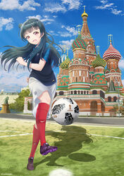  2018_fifa_world_cup :d adidas ball blue_hair building check_commentary commentary commentary_request day european_architecture female france hair_bun highres kicking long_hair looking_at_viewer love_live! love_live!_sunshine!! md5_mismatch open_mouth outdoors purple_eyes red_square resolution_mismatch russia single_hair_bun single_side_bun sky smile soccer soccer_ball soccer_uniform solo source_larger sportswear st_basil&#039;s_cathedral statue tank_ryousaku telstar_18 tsushima_yoshiko world_cup 