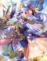  bad_id bad_pixiv_id banamons battle_standard commentary_request epaulettes female floral_print hair_ornament hand_fan hat highres long_hair outdoors paper_fan purple_hair purple_thighhighs red_eyes sengoku_taisen signature solo standing thighhighs yoshihime_(sengoku_taisen) 