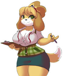  :3 animal_ears bell blonde_hair blue_skirt blush_stickers breasts cleavage clipboard closed_mouth collarbone cowboy_shot dog_ears dog_girl dog_tail doubutsu_no_mori erect_nipples eyebrows_visible_through_hair female female furry green_eyes green_vest hair_bell hair_ornament hair_tie hands_up happy highres holding jingle_bell large_breasts legs_together miniskirt neck_ribbon nintendo no_humans pen pencil_skirt pinky_out plaid plaid_vest red_neckwear red_ribbon ribbon shinsuke shirt shizue_(doubutsu_no_mori) short_hair short_sleeves simple_background skirt smile solo standing tail thick_thighs thighs tied_hair topknot unbuttoned vest white_background white_shirt wide_hips 