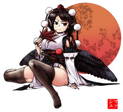  &gt;:( bad_id bad_pixiv_id black_thighhighs breasts brown_hair feather_fan female frown hat highres kourindou_tengu_costume looking_to_the_side medium_breasts mushroom_(osh320) pointy_ears pom_pom_(clothes) red_eyes serious shameimaru_aya short_hair sitting solo sword thighhighs thighs tokin_hat touhou v-shaped_eyebrows wakizashi weapon wings 