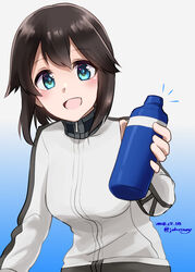  black_hair blue_background blue_eyes bottle dated female gradient_background hair_flaps hayasui_(kancolle) highres jacket johssnny kantai_collection long_sleeves looking_at_viewer open_mouth short_hair smile solo track_jacket turtleneck twitter_username white_background white_jacket 