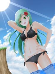  :d arm_behind_head bikini blue_sky cloud commentary_request day denpa_(denpae29) female flower frilled_bikini frills green_eyes green_hair hair_flower hair_ornament hand_on_own_hip highres kantai_collection light_rays long_hair navel ocean open_mouth side-tie_bikini_bottom sky smile solo sun sunbeam sunlight suzuya_(kancolle) swimsuit wading water 