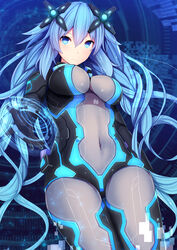  alternate_color alternate_eye_color alternate_hair_color blue_eyes blue_hair bodysuit breasts commentary_request covered_navel cowboy_shot daiaru female gloves hair_between_eyes hair_ornament highres large_breasts long_hair looking_at_viewer neptune_(series) next_purple purple_heart_(neptunia) shin_jigen_game_neptune_vii skin_tight solo symbol-shaped_pupils 