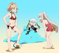  3girls :d air_pump arm_support asaya_minoru bare_arms bare_legs bare_shoulders barefoot beach bell bikini black_gloves blonde_hair blue_one-piece_swimsuit blue_sky bow breasts brown_eyes collarbone day elbow_gloves fate/grand_order fate_(series) front-tie_bikini_top front-tie_top full_body gloves green_bow green_eyes green_ribbons grey_hair hair_between_eyes hairbow halterneck hand_on_own_knee hand_up headpiece inflatable_dolphin inflatable_toy jeanne_d&#039;arc_alter_santa_lily_(fate) jeanne_d&#039;arc_alter_santa_lily_(summer_little)_(fate) leaning_forward light_brown_hair long_hair marie_antoinette_(fate) marie_antoinette_(swimsuit_caster)_(fate) marie_antoinette_(swimsuit_caster)_(first_ascension)_(fate) mordred_(fate) mordred_(swimsuit_rider)_(fate) mordred_(swimsuit_rider)_(first_ascension)_(fate) multiple_girls navel one-piece_swimsuit open_mouth outdoors parted_bangs ponytail pump red_bikini red_one-piece_swimsuit ribbon sand school_swimsuit side-tie_bikini_bottom sky small_breasts smile striped striped_bow striped_ribbon swimsuit twintails very_long_hair 