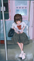  absurdres bag blush bow bowtie brown_hair commentary crossed_legs facial_mark female hair_ribbon highres looking_at_viewer looking_up loose_socks one_side_up original photoshop_(medium) ribbon school_bag school_uniform short_hair sitting socks solo tifg39 train_interior 