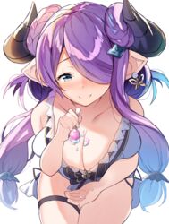  bad_id bad_pixiv_id bare_arms bikini blue_eyes braid breasts butterfly_earrings cleavage closed_mouth double_bun draph dripping earrings eyebrows eyelashes feeding female food_on_body granblue_fantasy hair_bun hair_over_one_eye holding holding_spoon horns huge_breasts incoming_food jewelry lock long_hair narmaya_(granblue_fantasy) narmaya_(summer)_(granblue_fantasy) official_alternate_costume padlock pointy_ears seiza shade simple_background sitting smile solo spoon swimsuit thigh_gap ultone_(neisiss) weapon white_bikini 