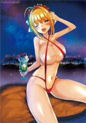  ;d ahoge akasakak bad_id bad_pixiv_id bendy_straw blonde_hair blush breasts brown_eyes cleavage cocktail cocktail_umbrella cup cushion drinking_glass drinking_straw drunk fate/extra fate_(series) female flower groin hair_flower hair_intakes hair_ornament head_tilt holding holding_cup huge_ahoge huge_breasts hurricane_glass looking_at_viewer navel nero_claudius_(fate) nero_claudius_(fate/extra) night night_sky one_eye_closed open_mouth outdoors red_slingshot_swimsuit ruffling_hair short_hair sitting sky slingshot_swimsuit smile solo swimsuit thighs twitter_username 