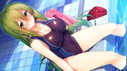  ahoge aristear_remain arm_support astronauts astronauts_comet blush closed_mouth collarbone covered_navel eyebrows_visible_through_hair female female game_cg green_eyes green_hair ichinose_anzu kokusan_moyashi long_hair looking_at_viewer one-piece_swimsuit pool rozea solo spread_legs swimsuit towel very_long_hair wading water wet 